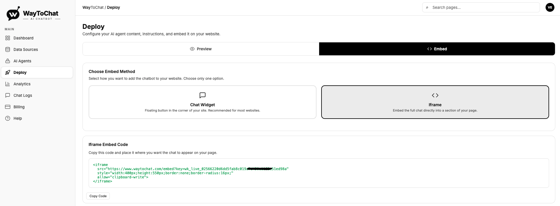 Embed code in Deploy tab